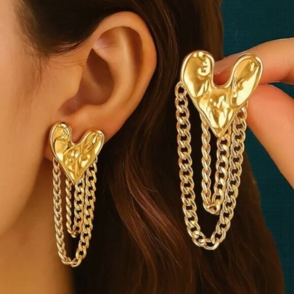 🆕️ Heart Tassel Earrings 💖 Trendy Chain Statement Jewelry 18K Gold Plated - Picture 3 of 12